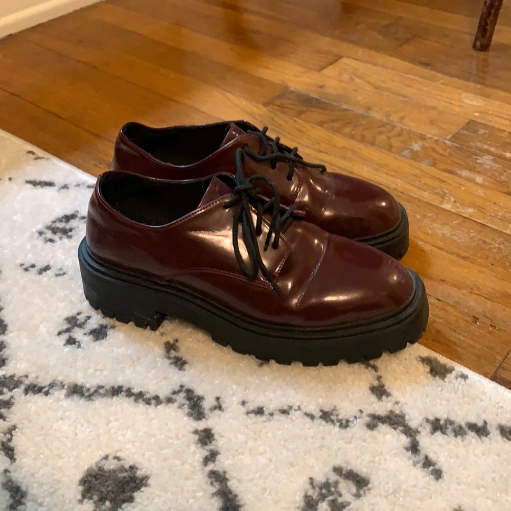 Red patent lug sole loafers